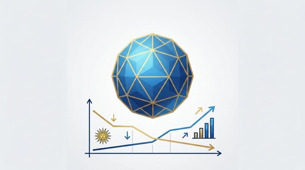 Geometric blue sphere above a financial chart with Uruguay's sun symbol depicting bond market performance.