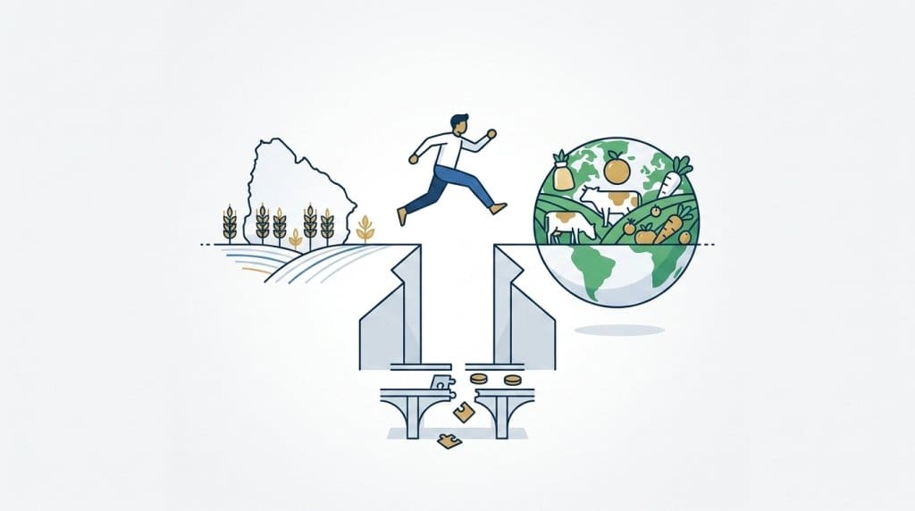 Line art of a person leaping from Uruguay's agricultural map across a gap toward a global food export icon.