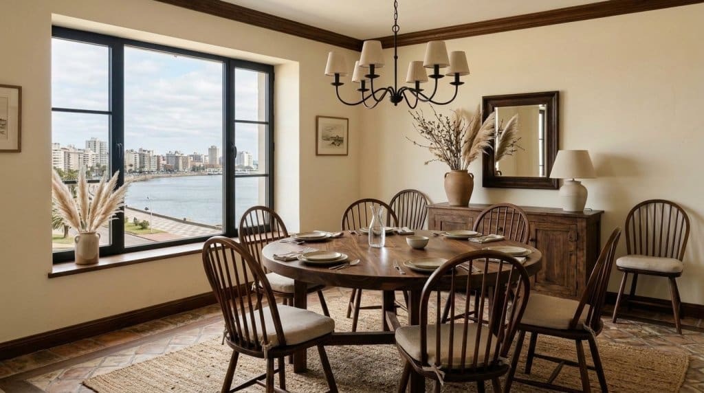 Esszimmer in Montevideo mit cremefarbenen Wänden, dunklen Zierleisten, Walnusstisch, Spindelstühlen und Blick auf die Dünen, ohne veraltete Dekoration.
