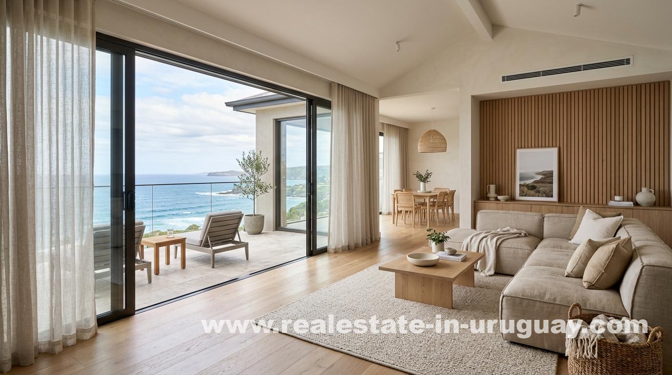 Spacious coastal living room with warm minimalism, low-profile sofa, natural wood accent wall, sliding glass doors to ocean view terrace, soft linen curtains, neutral beige and white palette