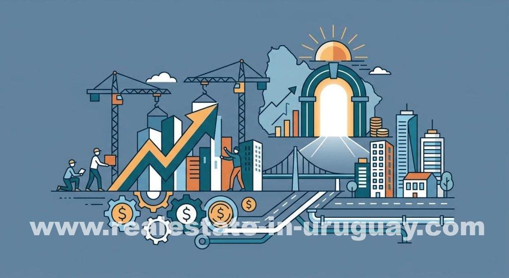 Stadtbild Uruguays, Wachstumsdiagramm, Kräne, Arbeiter, Dollar-Zahnräder, Torbogen mit Karte, symbolisieren die 5-Milliarden-US$-Infrastrukturoffensive der IDB.