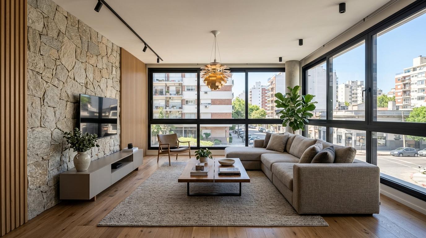 Sober-Luxury-renovierter Raum in Montevideo mit Natursteinwand, Eichen-Lamellenpaneelen und großen Fenstern mit Blick auf die Stadt.