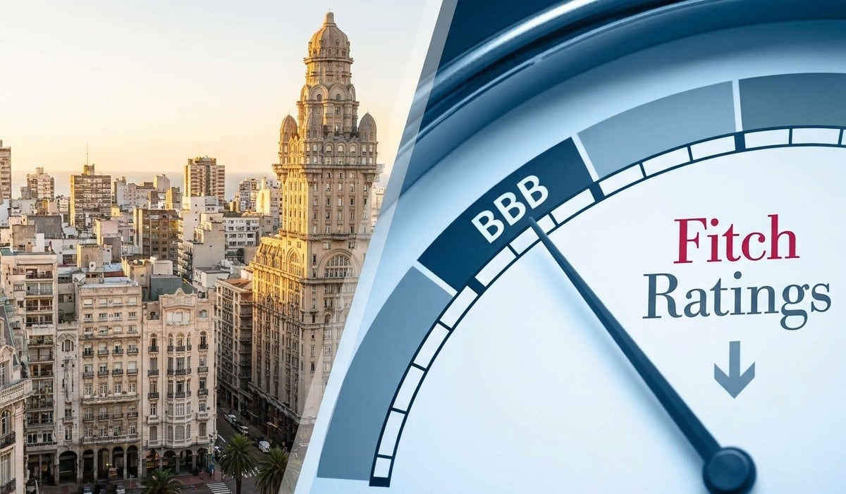 Historic Palacio Salvo in Montevideo beside a Fitch Ratings gauge indicating a BBB credit assessment.