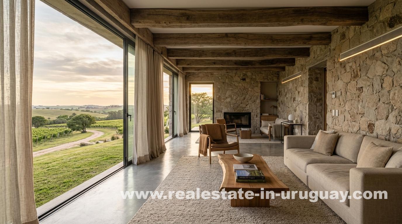 Serene minimalist living room in a Uruguay wellness estate with natural stone and vineyard views.