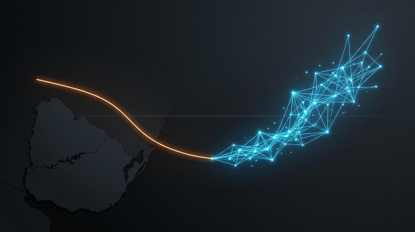 Stylized Uruguay map with orange line into blue AI network nodes, illustrating World Bank growth forecast and AI adoption.