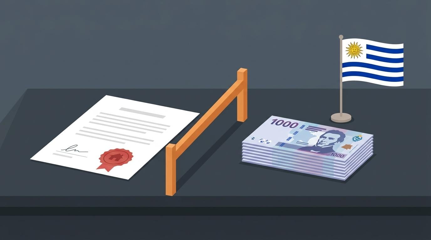Signed document with red seal, 1000 peso bills, and Uruguayan flag illustrating Uruguay