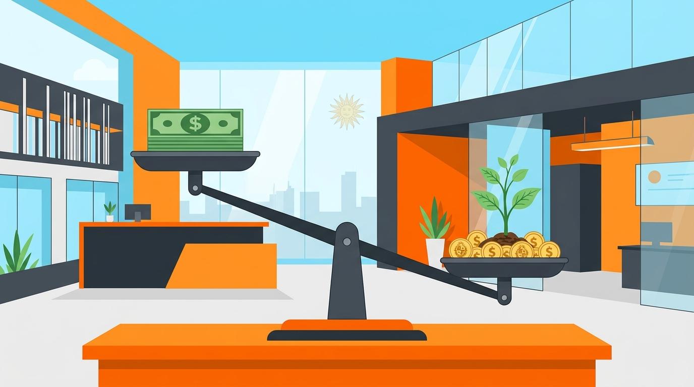 Office balance scale with cash and a plant growing from coins, illustrating Uruguay