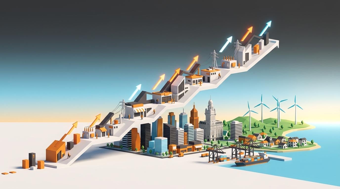 Aufsteigende Treppe der Stadtentwicklung mit Gebäuden und Infrastruktur, die Uruguays Private-Capital-Markt-Momentum im Jahr 2026 veranschaulicht.