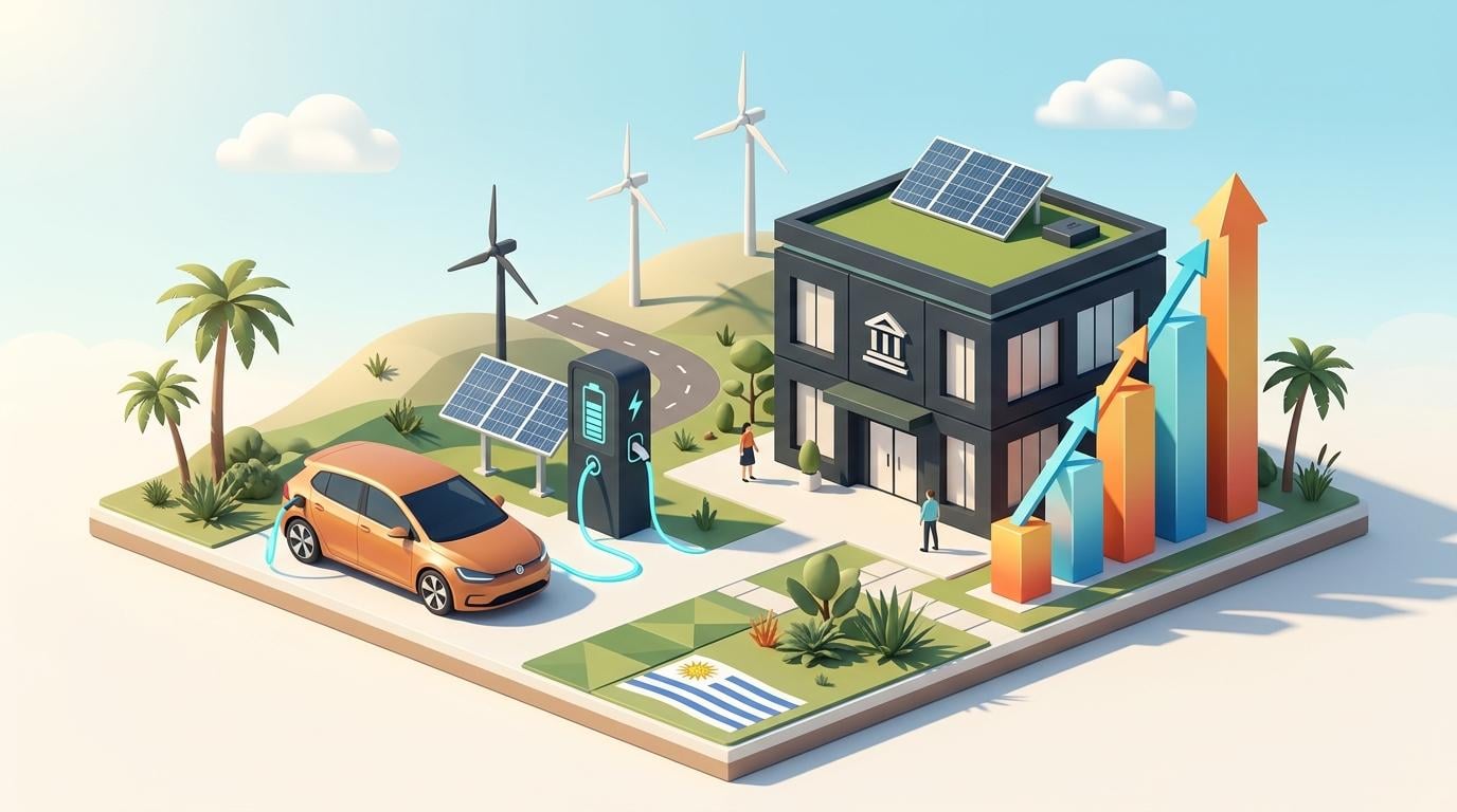 Black solar-panel building with an EV charging and wind turbines in Uruguay, where bank financing for electric vehicle purchases grew over 40-fold.