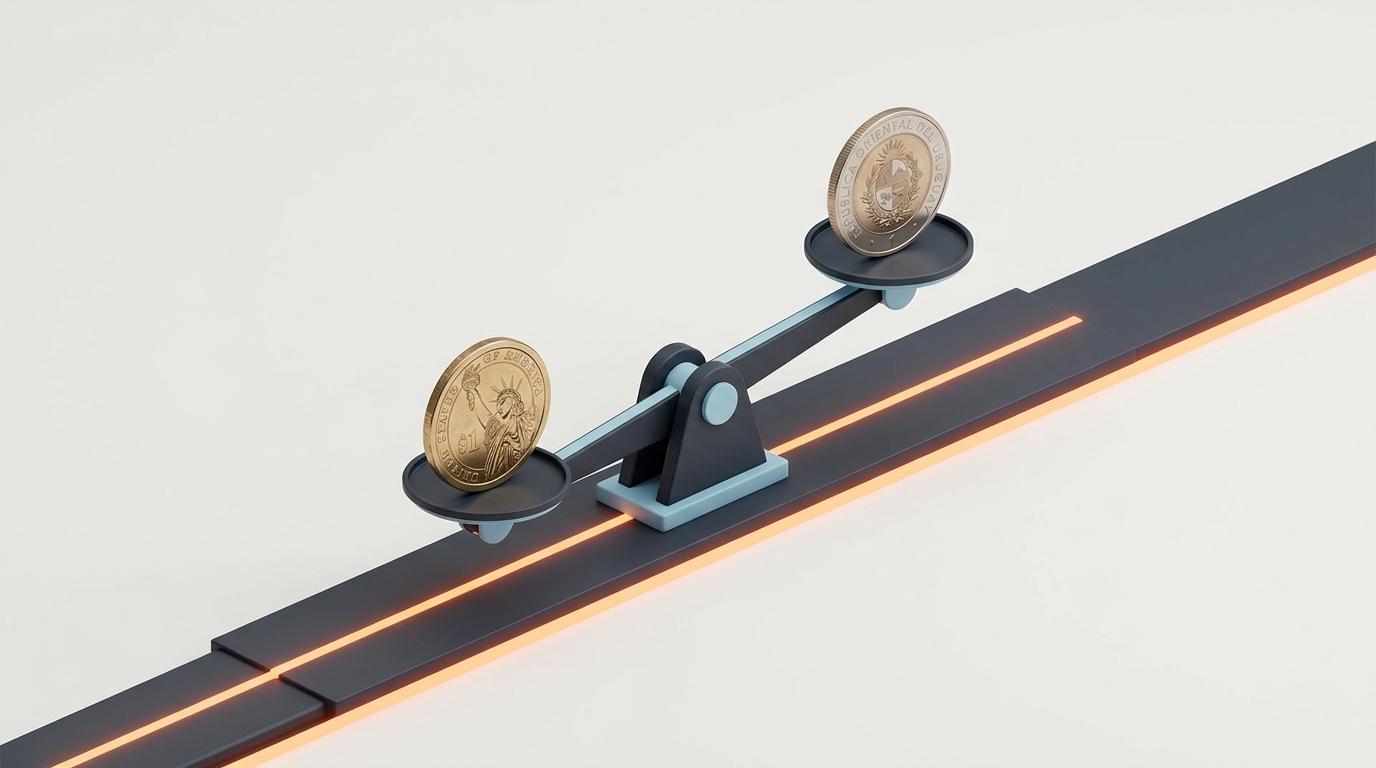 Balance scale with two inscribed coins on dark platform, glowing orange line, symbolizing Uruguayan dollar