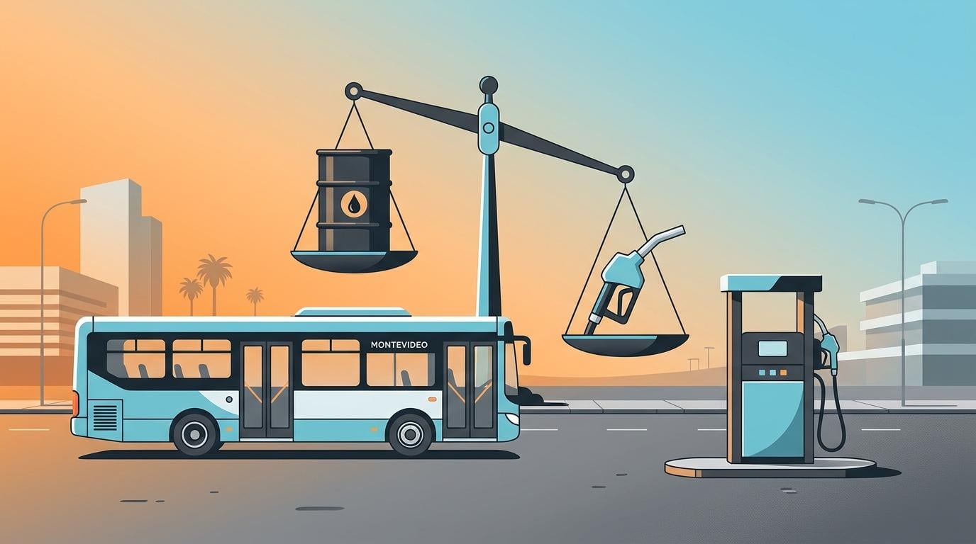 Stylized Montevideo bus with scales balancing oil barrel and fuel nozzle, symbolizing Uruguay