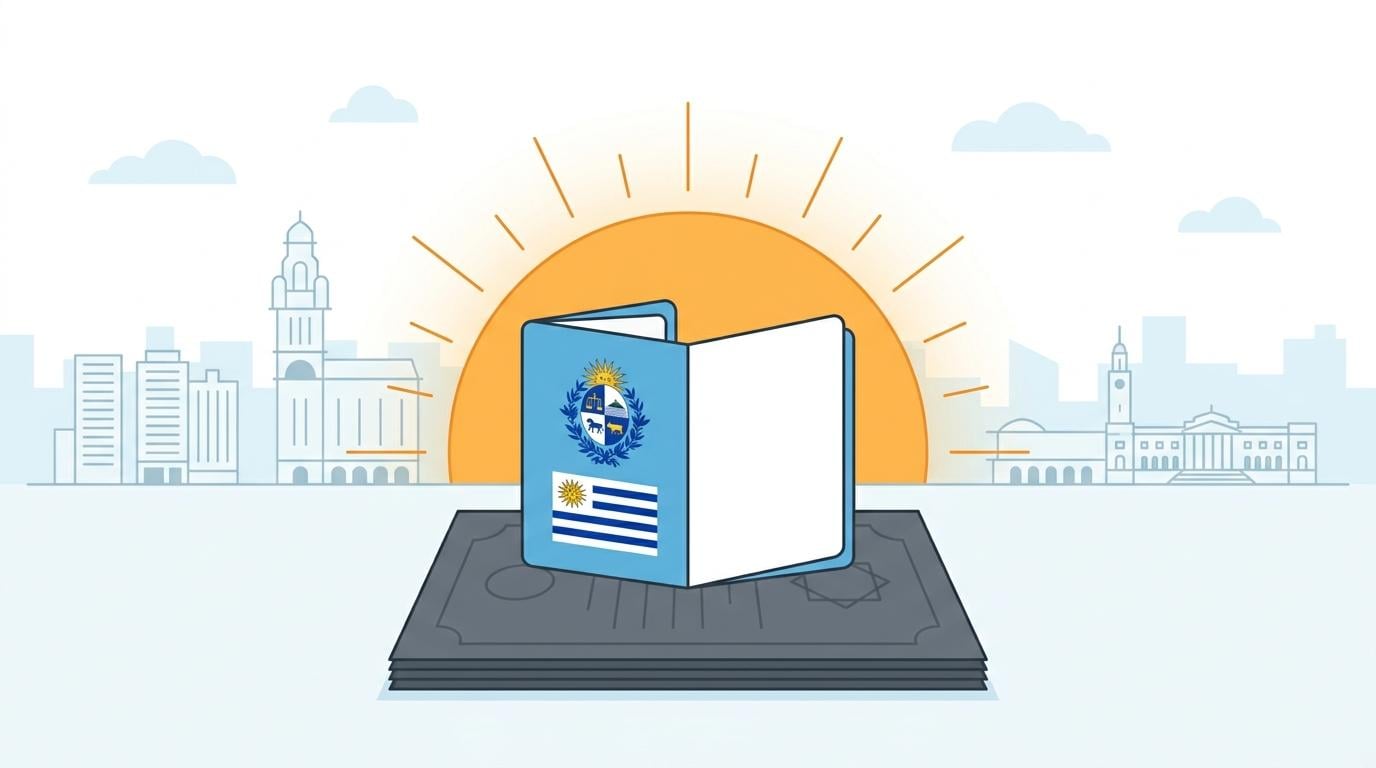 Uruguayan passport with coat of arms and flag under a rising sun over a stylized cityscape, highlighting nationality bill.