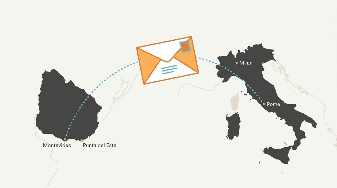 Map linking Uruguay and Italy with an envelope, showing Montevideo, Punta Este, Milan, and Rome, for the Com.It.Es. vote pre-registration.