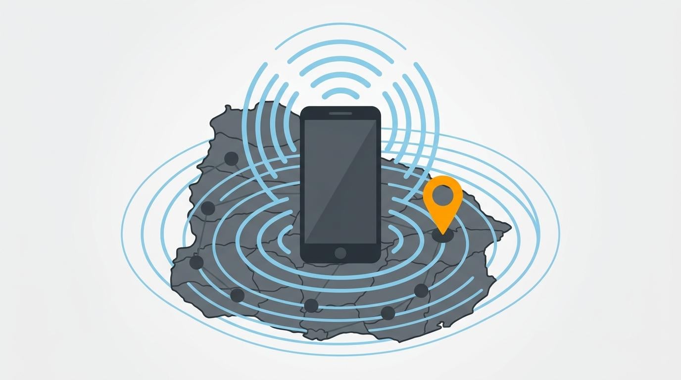 Smartphone over stylized Uruguay map with blue signal circles and yellow pin, illustrating SAT Móvil emergency alerts.