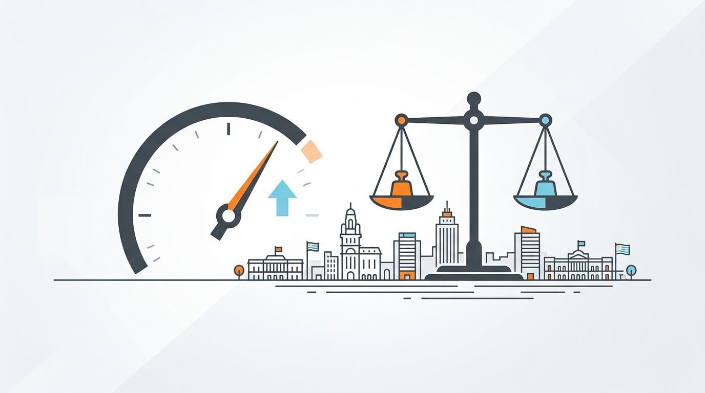 Stylized Uruguay cityscape with speedometer, balance scale and upward arrow reflecting the ICC rebound to 47.1
