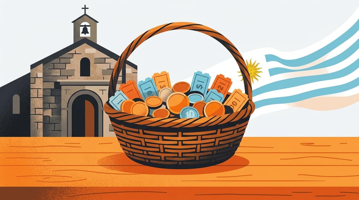Basket of colorful currency and coins before a stone church and Uruguayan flag, for Pope Leo XIV