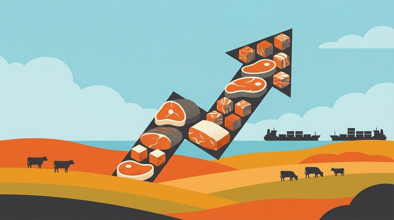 Upward arrow filled with meat cuts over grazing cows and cargo ships, symbolizing Uruguay meat export value growth in 2026.