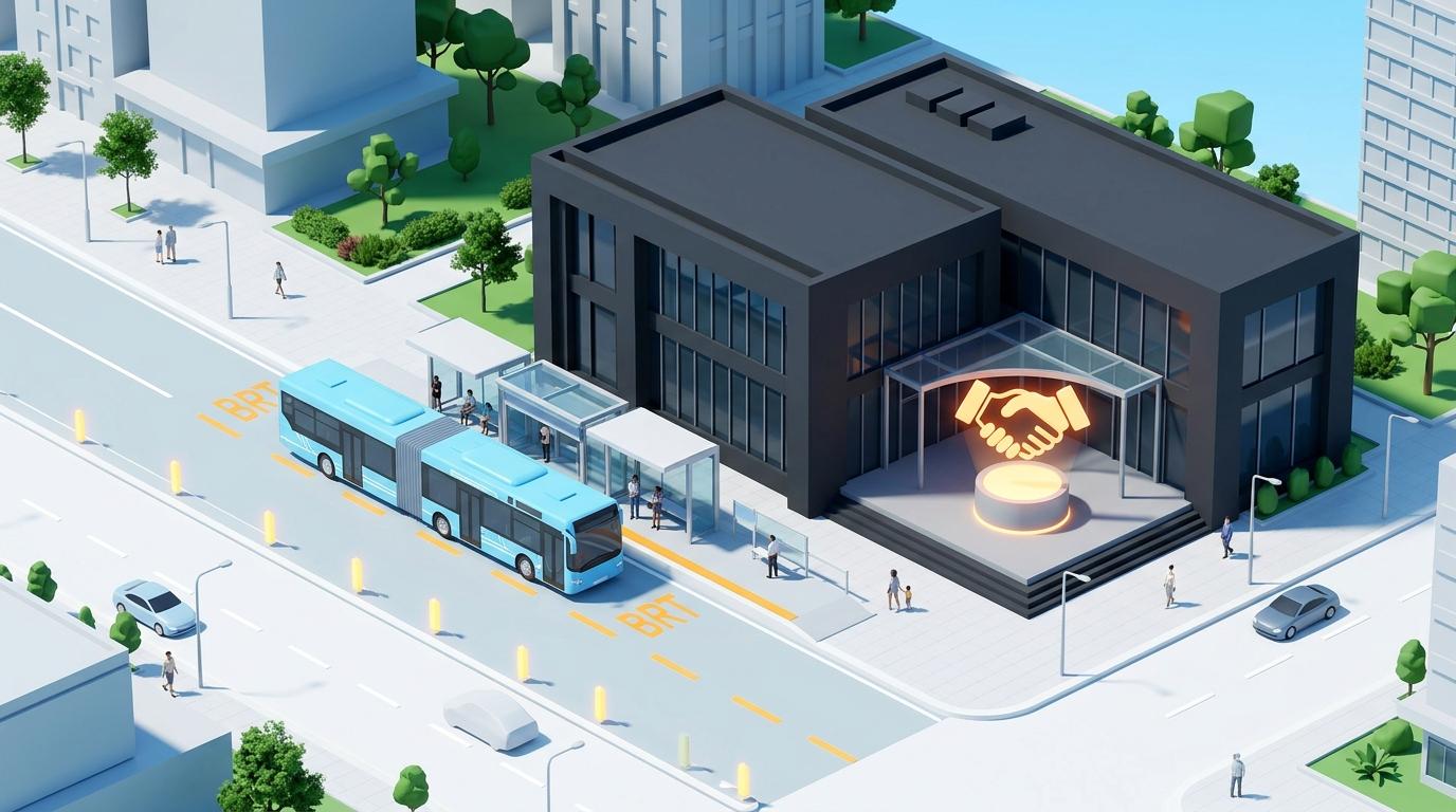Black building with a glowing handshake and blue bus at a BRT stop, illustrating Uruguay