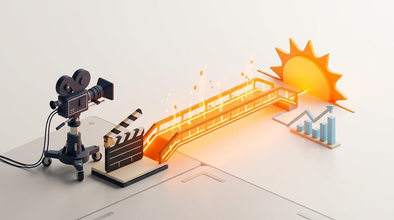 Vintage film camera, clapperboard, orange bridge to sun and rising bar graph symbolize Uruguay Audiovisual tax credit growth.