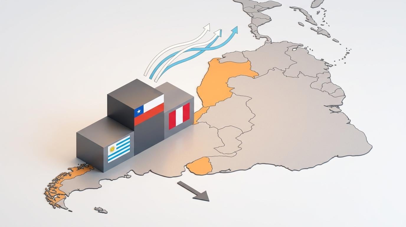 3D South America map highlighting Uruguay, Chile, Peru in orange with podium flags and upward arrows for economic freedom.
