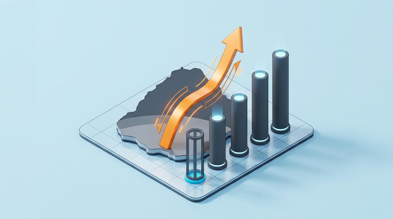 3D-Karte von Uruguay mit steigendem orangefarbenem Pfeil und Datenbalken, die den 66. Rang im Global Innovation Index 2026 hervorheben.