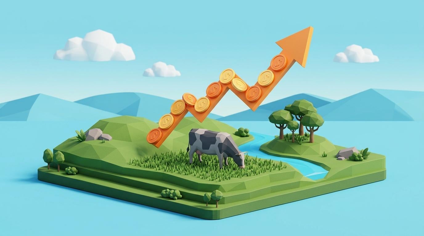 3D green landscape with cow, river, trees and rising coin arrow, illustrating Uruguay